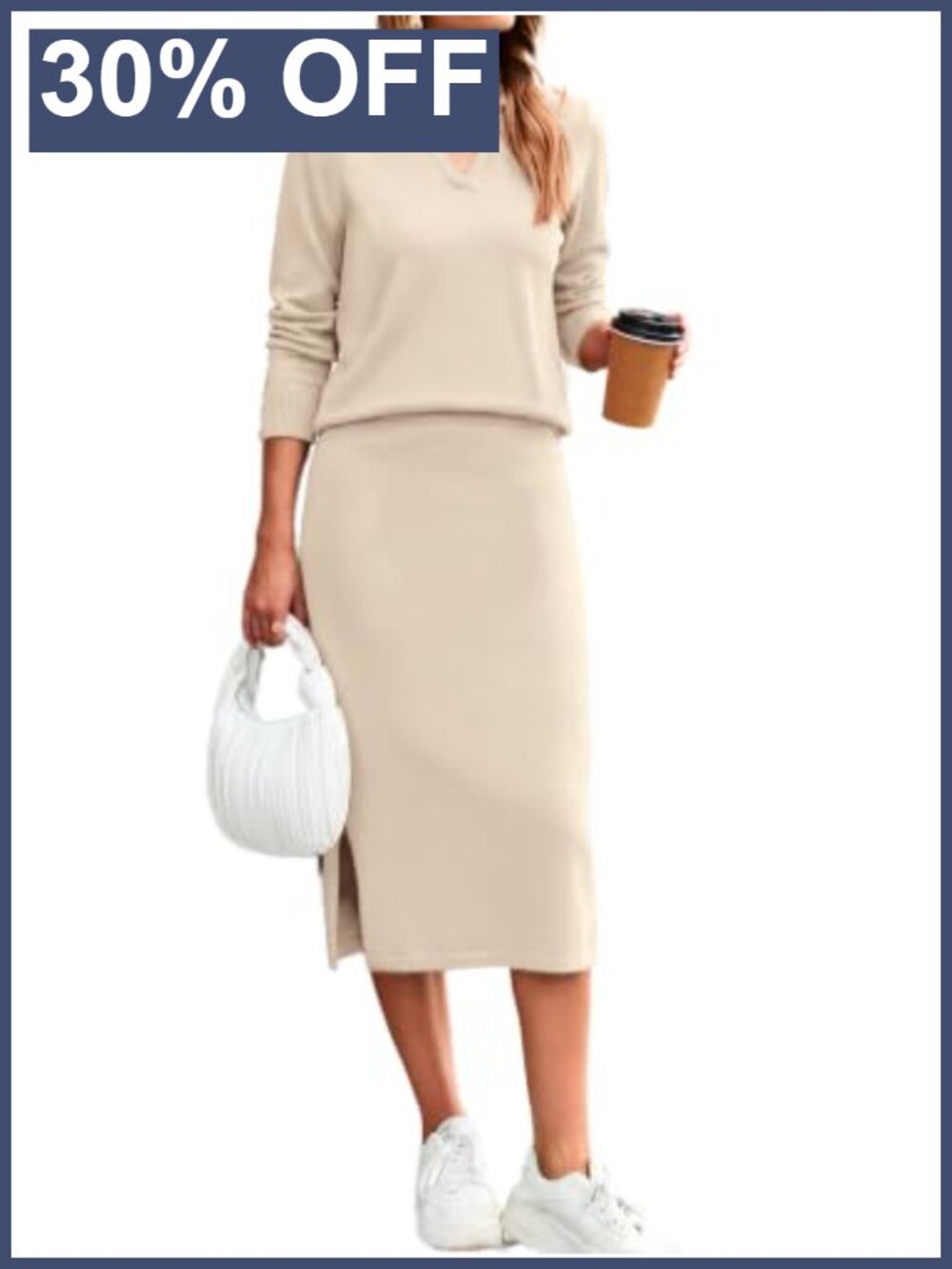 Striped Knit Polo Sweater & Midi Skirt Two Piece Set Long Sleeve Fall